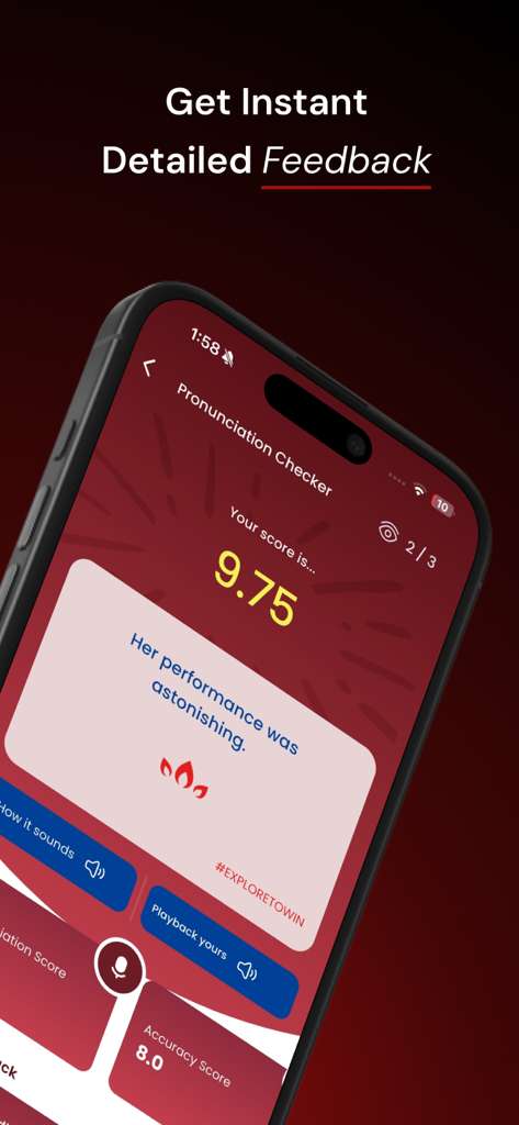 Aprender Inglés in 30 days - Interfaz de aplicación móvil que muestra la puntuación de retroalimentación de pronunciación para una frase en inglés.