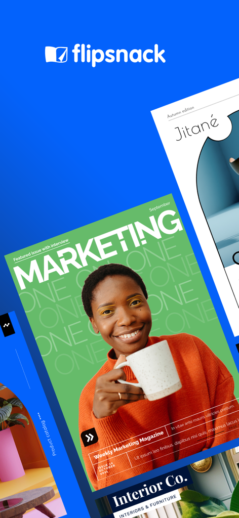 Eine Sammlung von digitalen Magazin-Covern und Flipbooks, die in der Flipsnack-App angezeigt werden
