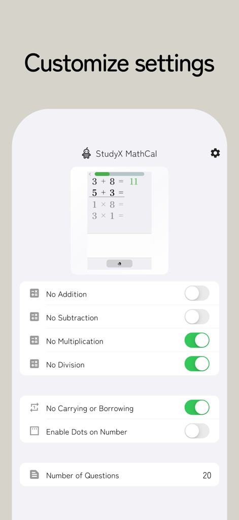 StudyX MathCal - Mental Math - StudyX MathCalのカスタマイズ設定画面。算術演算や問題数のオプションが表示されています。