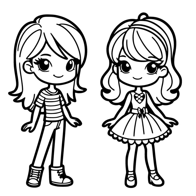 two sisters one with hair up the other with hair down and one dressed like a tomboy the other more girly