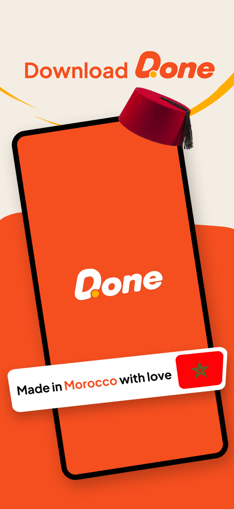 Schermata iniziale dell'app di consegna cibo DONE con un fez e una bandiera marocchina