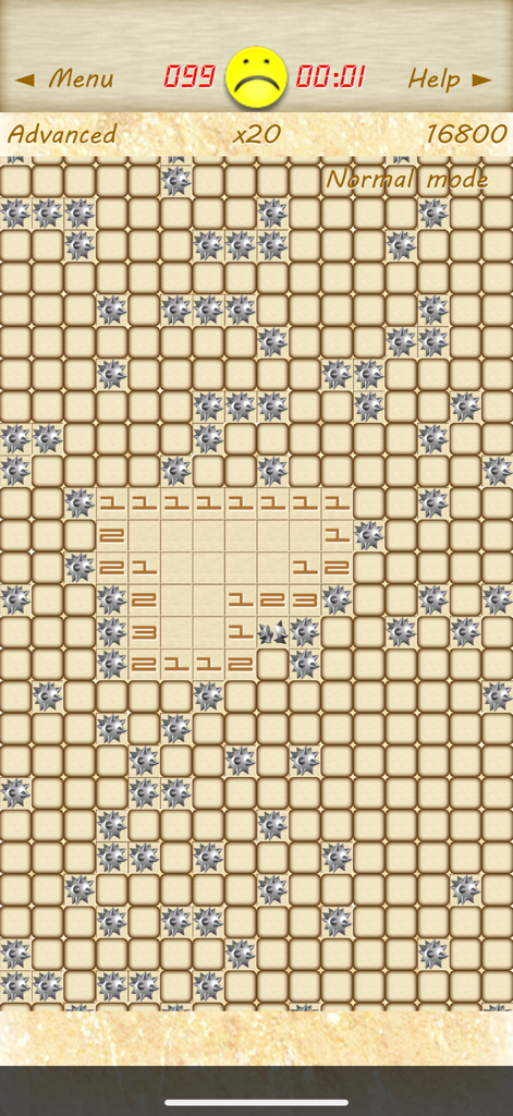 클래식 지뢰찾기 게임 플레이, 고급 레벨 게임 오버, 드러난 폭탄 표시