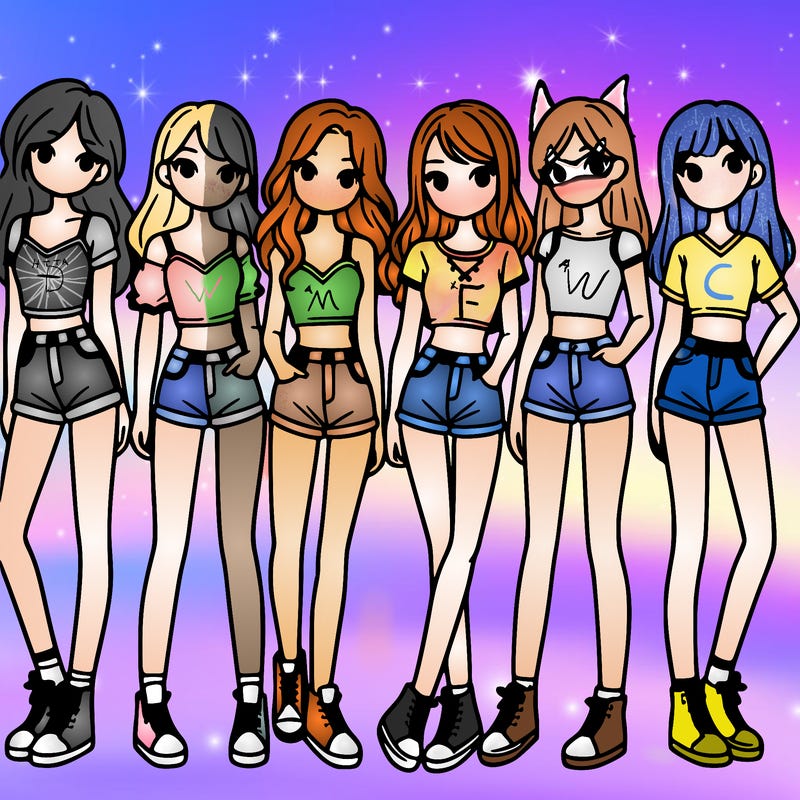 a group of girls wearing crop tops and shorts
