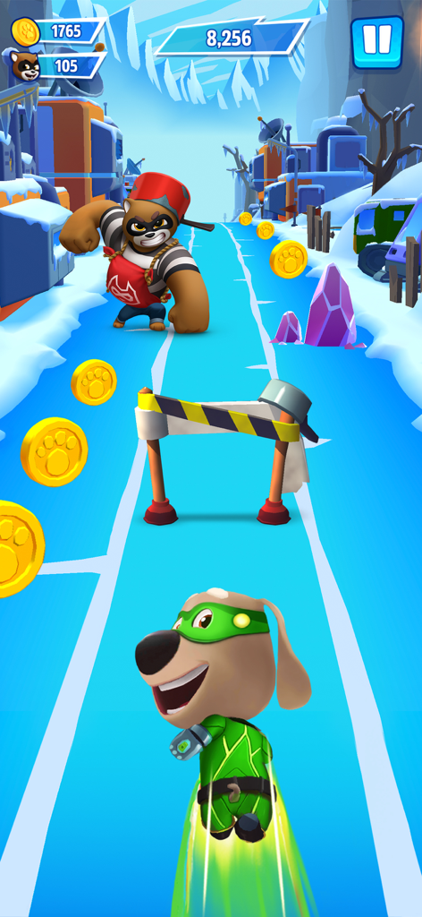 A superhero dog character running through a snowy city in Talking Tom Hero Dash