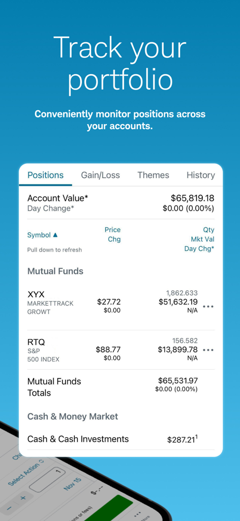 Schwab Mobile app dashboard displaying investment portfolio positions and total account value