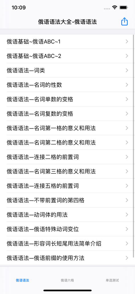 Interface of the Comprehensive Russian Grammar app showing a list of study topics in Simplified Chinese.