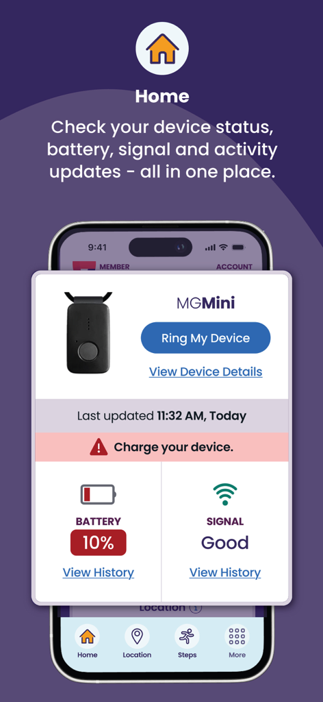 Home screen of the MyMedicalGuardian app showing MG Mini device battery and signal status