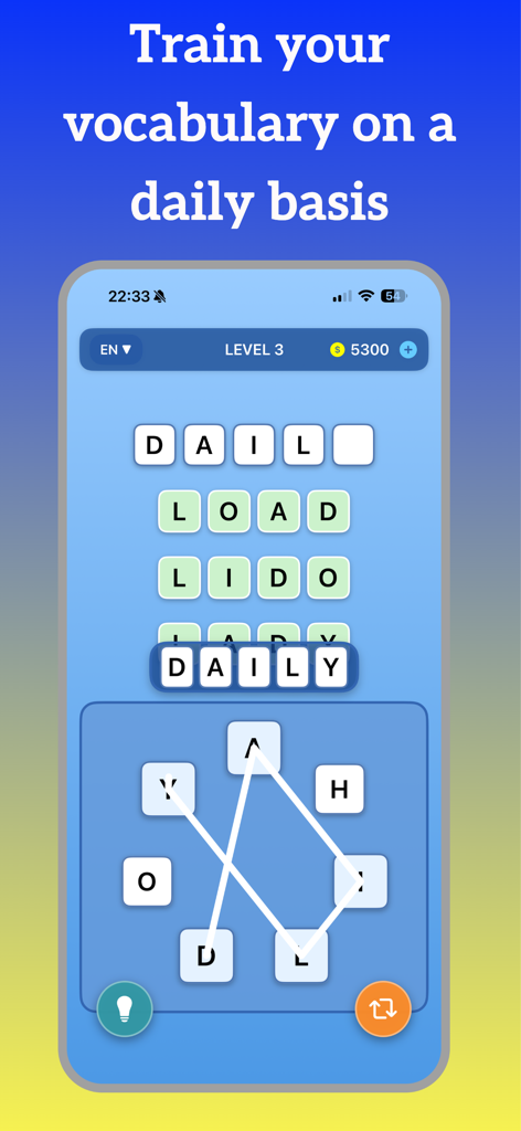 Interface do aplicativo Word Chips mostrando um quebra-cabeça de conexão de palavras para treinar o vocabulário diário