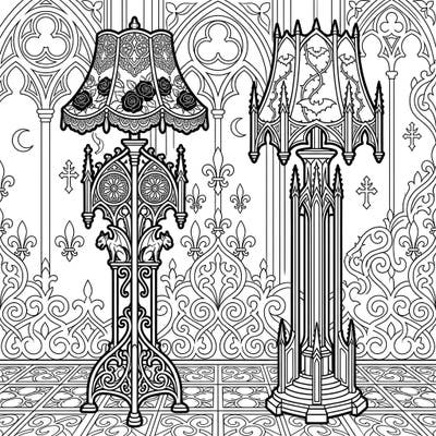 Step into a world of shadowed elegance with this captivating coloring page featuring two magnificent Gothic floor lamps. Their intricate Victorian details invite you to explore a realm of dramatic artistry and refined mystery.