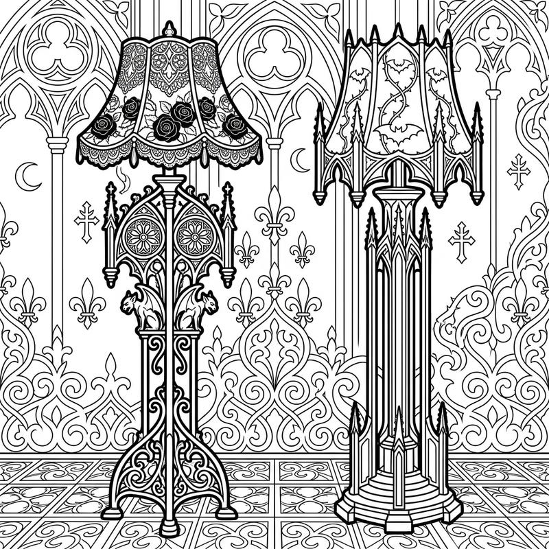 Step into a world of shadowed elegance with this captivating coloring page featuring two magnificent Gothic floor lamps. Their intricate Victorian details invite you to explore a realm of dramatic artistry and refined mystery.