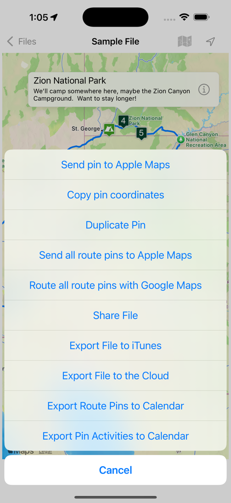 L'application Road Trip Planner montrant un menu d'exportation et une carte du parc national de Zion avec des épingles d'itinéraire.