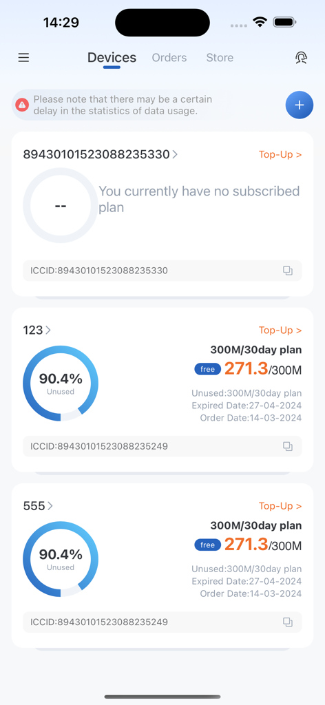 TOPSIM - The Devices screen in the TOPSIM app showing various SIM cards with data usage and subscription plans.