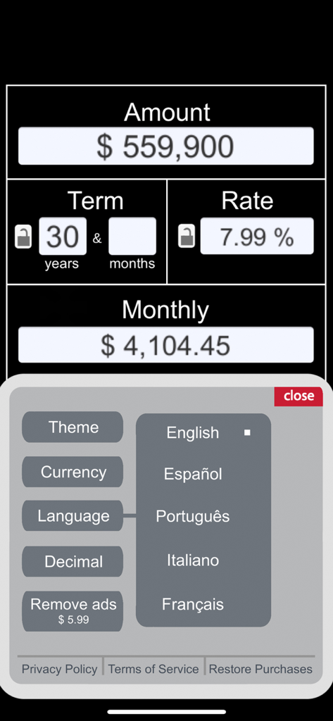 Loan Calculator $ - Loan calculator app interface showing monthly payment calculation and a language selection menu with options for English Spanish and Portuguese