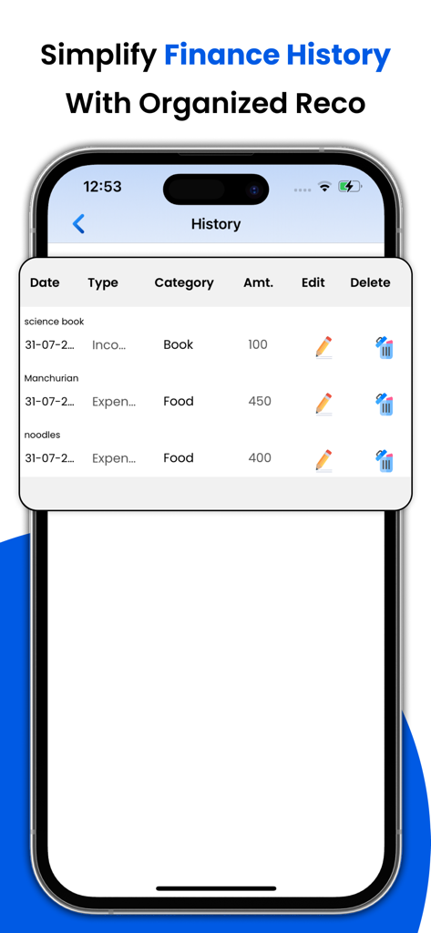 Expense Tracker - Daily Spend - Mobile app interface showing organized finance history with expense and income records
