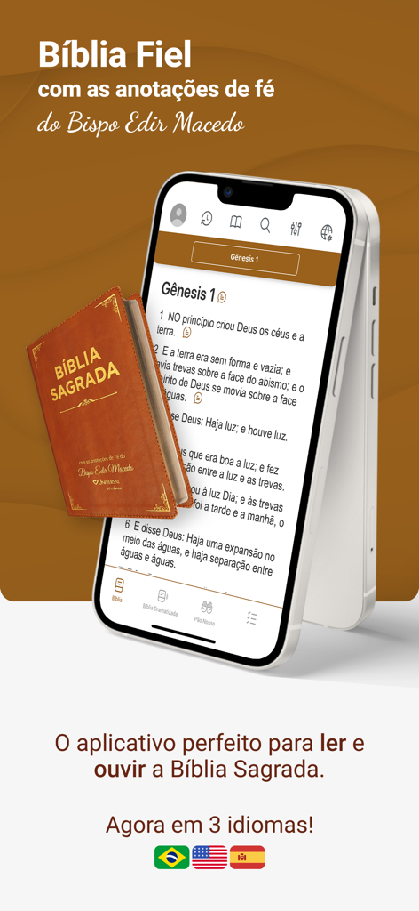 Biblia Fiel Comentada app interface showing biblical text and commentary by Bishop Edir Macedo