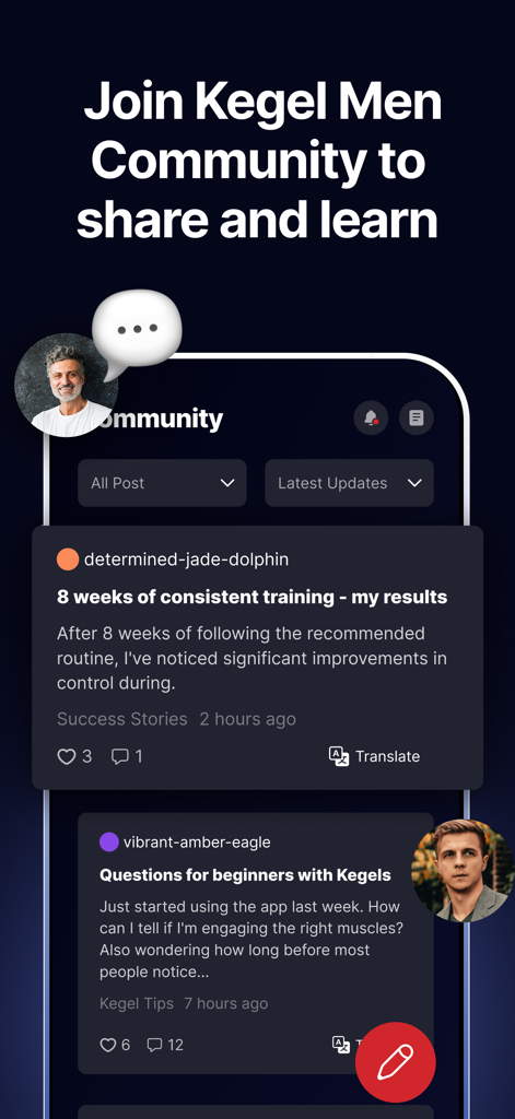 Benutzeroberfläche der Kegel Men Community, in der Benutzer Trainingsergebnisse teilen und Gesundheitsfragen stellen.