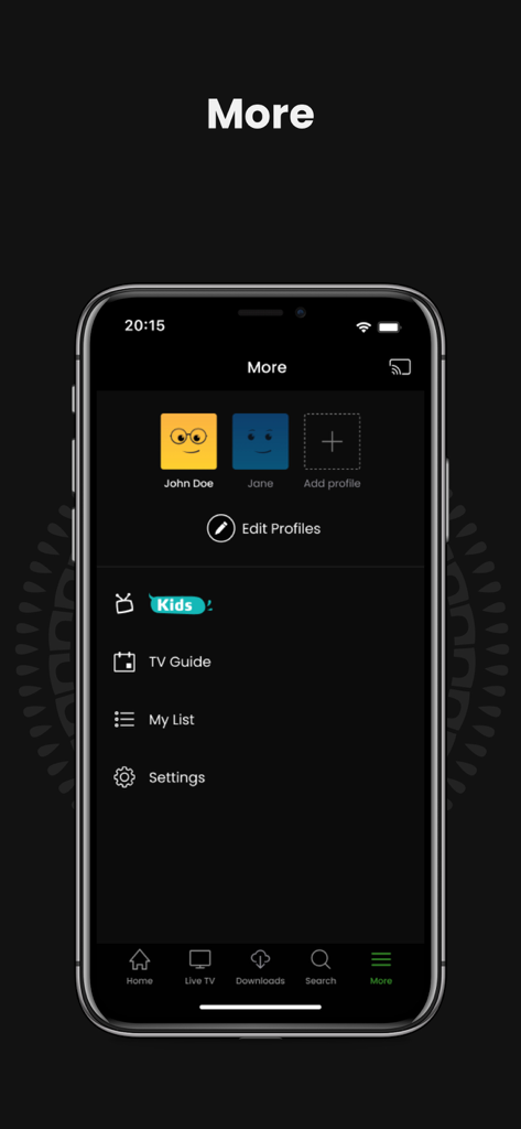GOtv Stream - Menu des profils utilisateur et des paramètres dans l'application GOtv Stream