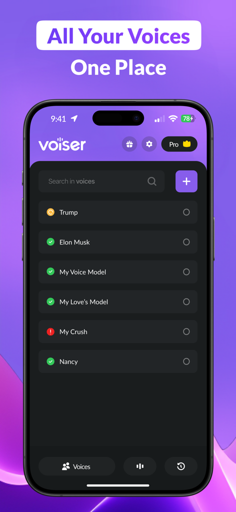 Una interfaz móvil para la aplicación Voiser que muestra una lista de modelos de voz de IA guardados, incluyendo clones de celebridades y personales.