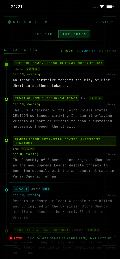 A real-time signal intelligence timeline showing global geopolitical events with critical intensity ratings in a tactical dark mode interface.