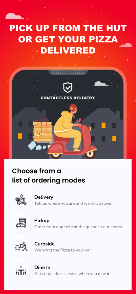 Pizza Hut KSA - Order Food Now - Pizza Hut KSA app screen showing options for delivery pickup curbside and dine in