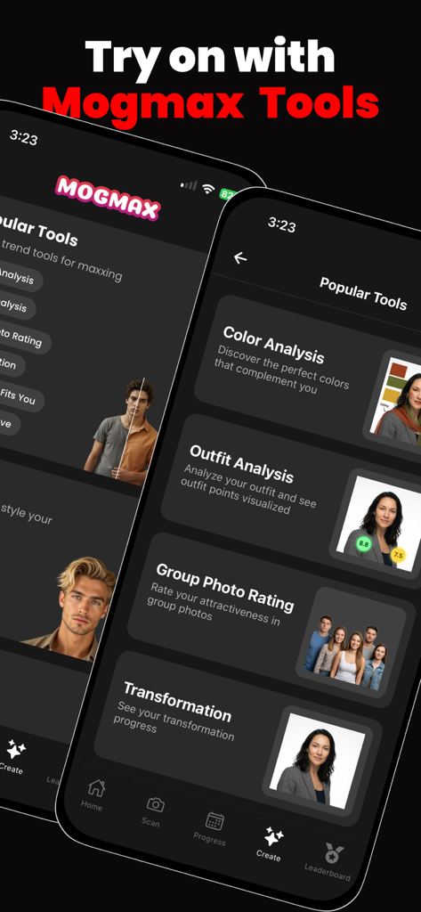 MogMax AI - LooksMax AI Rating - MogMax AI popular tools menu showing color analysis and outfit analysis options