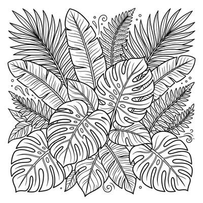 Dive into the lush beauty of the tropics with this inviting coloring page, featuring a rich array of monstera, palm, and banana leaves. Specially designed for seniors, its clear, bold lines ensure an enjoyable and accessible creative escape.