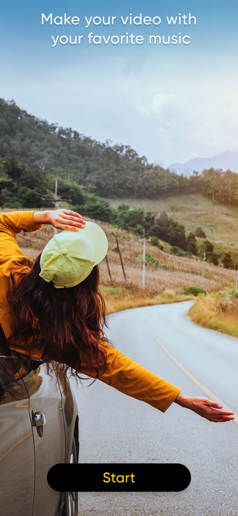 Add Audio to Video Mix - Intro screen for adding favorite music to video featuring a woman on a road trip