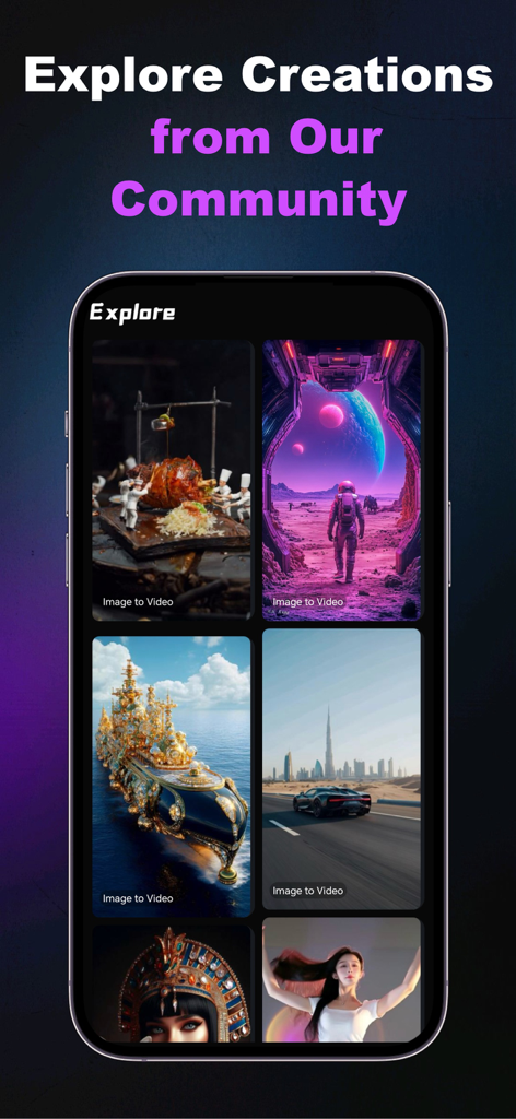A smartphone screen showing the explore page of Phant AI with various community created AI videos including an astronaut and a golden ship