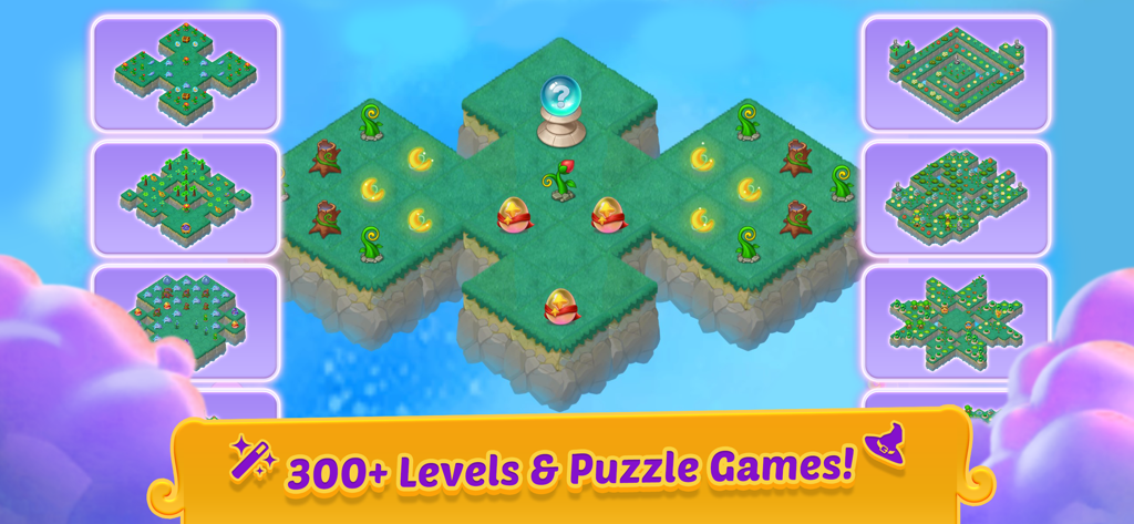 Merge Witches-Fun Puzzle Game - Una vista previa de varios niveles de puzles de islas flotantes en el juego móvil Merge Witches