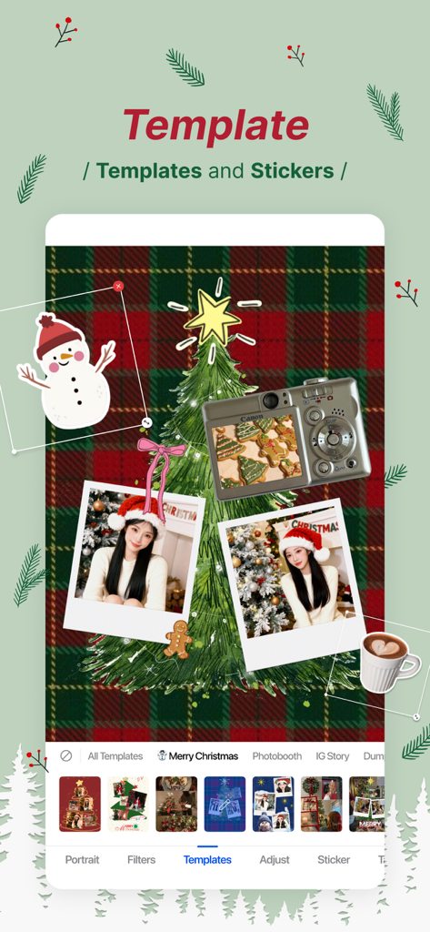 SnapEdit app showing a Christmas themed photo collage template with stickers and festive designs