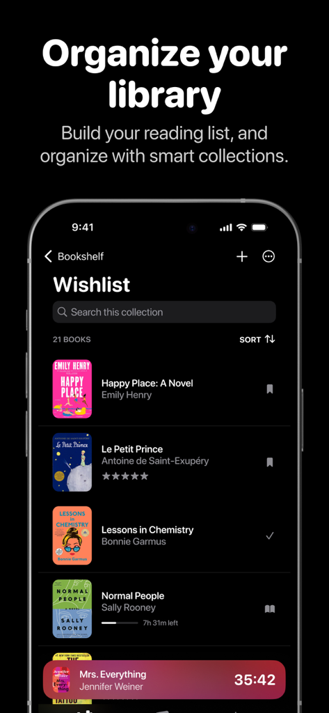 Bookshelf app interface showing a curated reading wishlist in dark mode