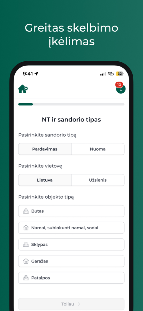 Domoplius.lt - Interface of the Domoplius mobile app showing the process of creating a new real estate listing with options for sale or rent in Lithuania.