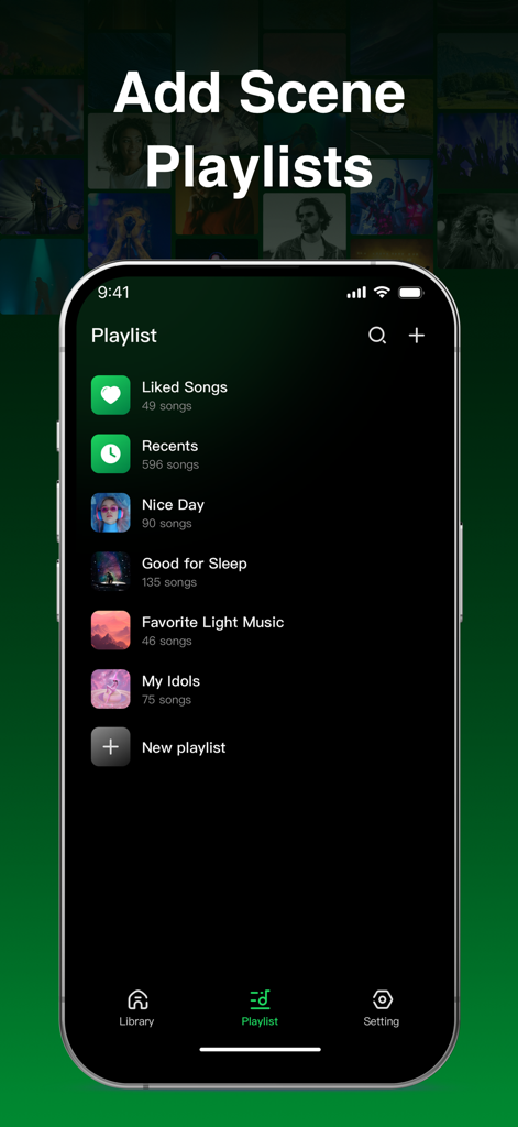 Interface of the Offline Music Player Pro app showing custom playlists for different scenes and moods