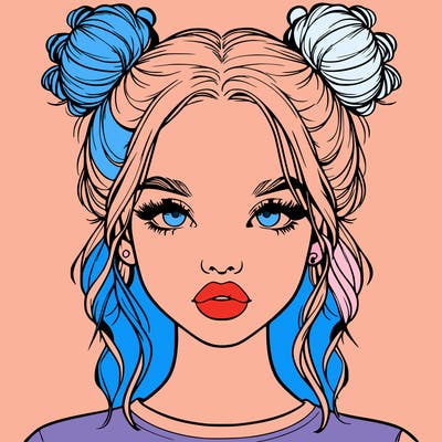 realistic girl with two buns in hair and lips