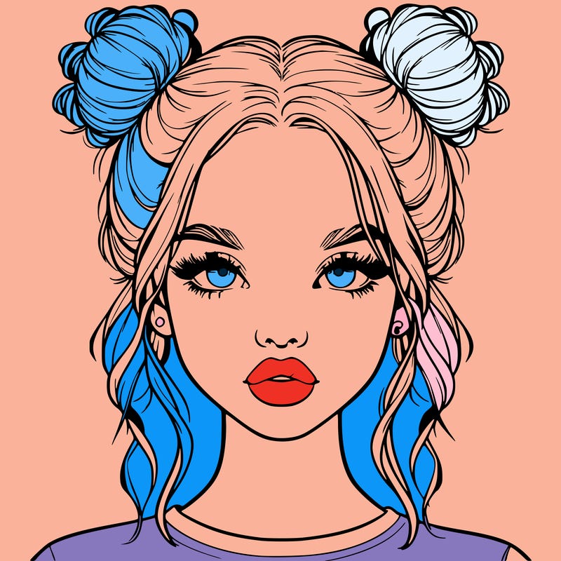 realistic girl with two buns in hair and lips