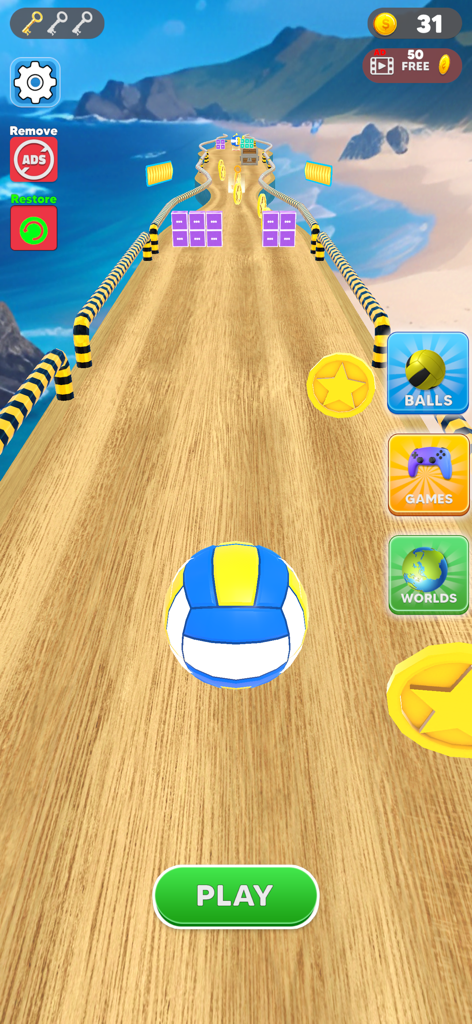 Hit Rolling Ball: Ball Game 3D - Gameplay screen of Hit Rolling Ball 3D showing a ball on a wooden track above a tropical beach background