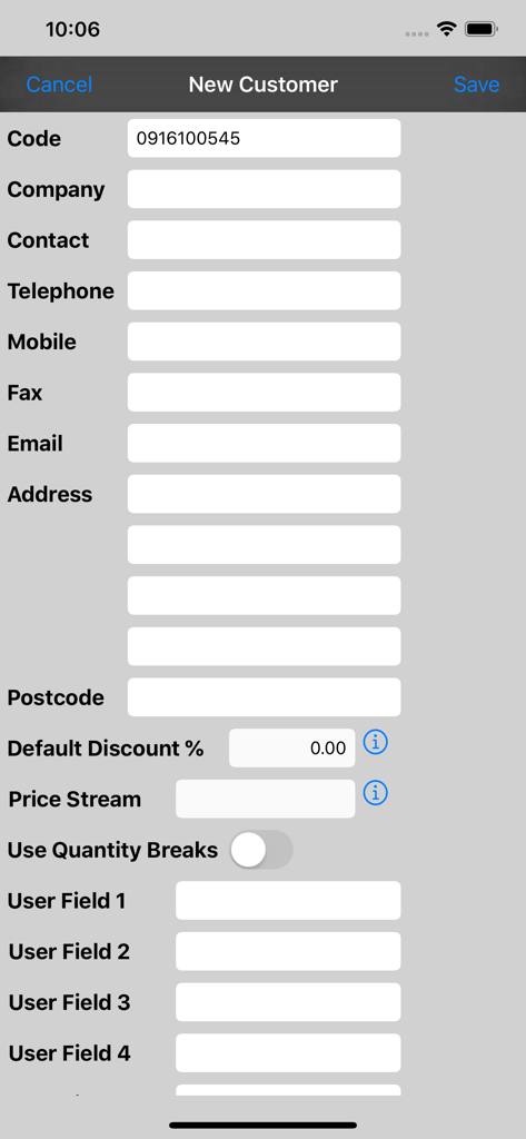 A mobile interface showing a new customer registration form with fields for company details, contact information, and discount settings.