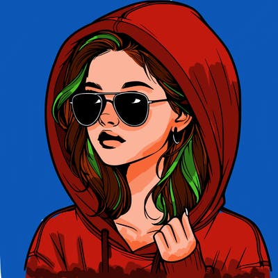realistic teenage girl, wearing a hoodie and sunglasses