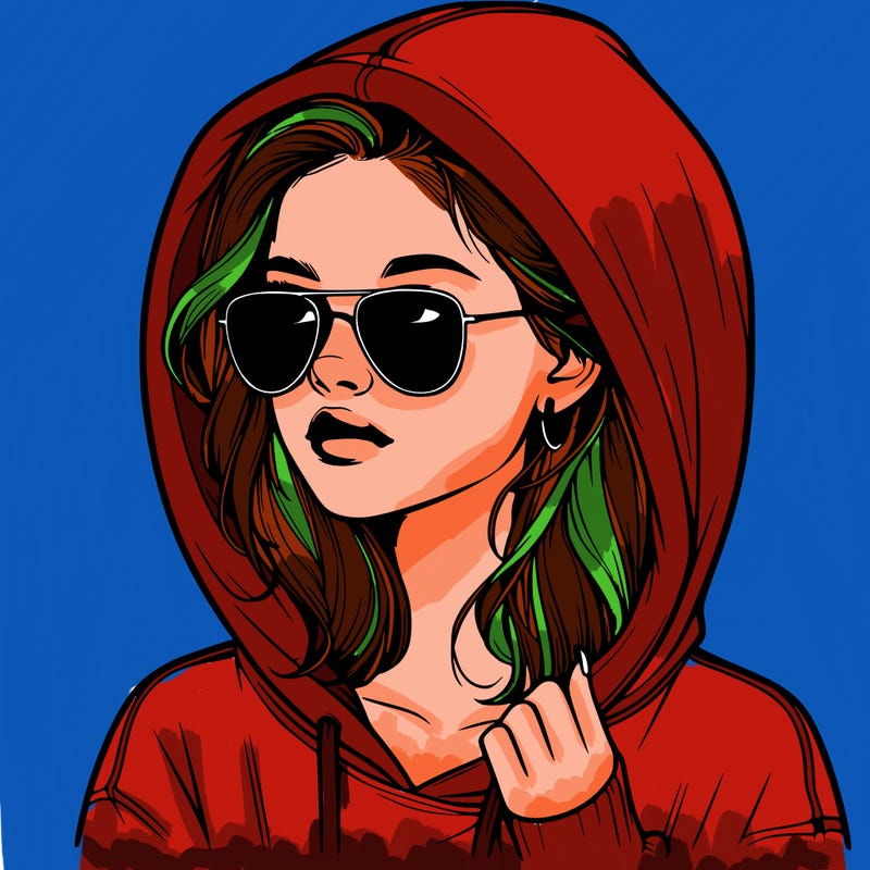 realistic teenage girl, wearing a hoodie and sunglasses