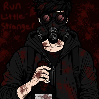 a man with messy hair and goggles on his eyes and he’s wearing a hoodie and jeans and he’s wearing a gas mask and holding a toxic liquid