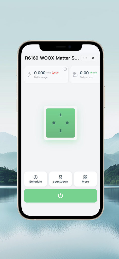 WOOX Home - WOOX Home App-Oberfläche mit täglichem Energieverbrauch und Fernsteuerung für eine Smart Plug.