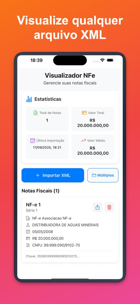 NFe Visualizador de XML - Dashboard do aplicativo NFe XML Visualizer mostrando estatísticas de notas fiscais brasileiras e dados técnicos