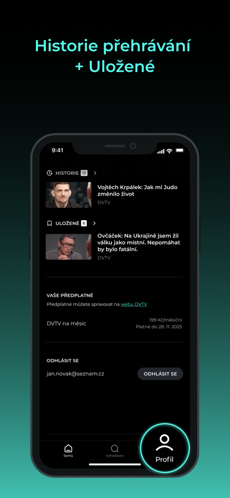 DVTV app user profile screen displaying video playback history saved interviews and subscription management