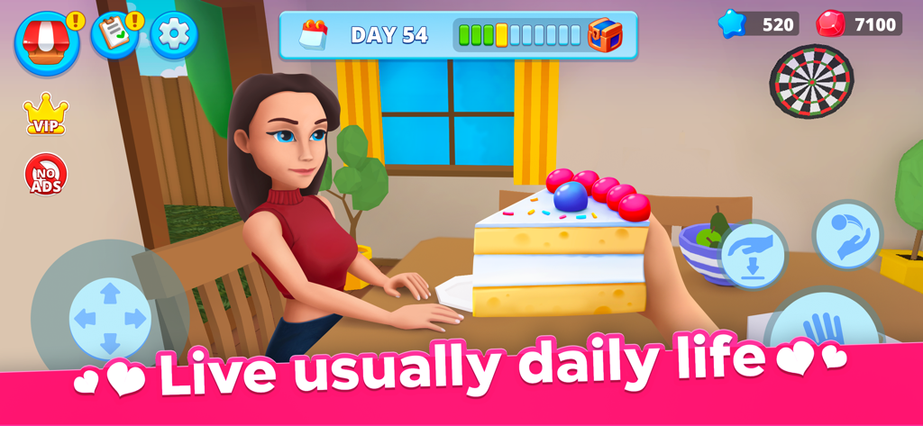 A first person perspective of a player serving a slice of cake to a character in Mother Life and Baby Simulator