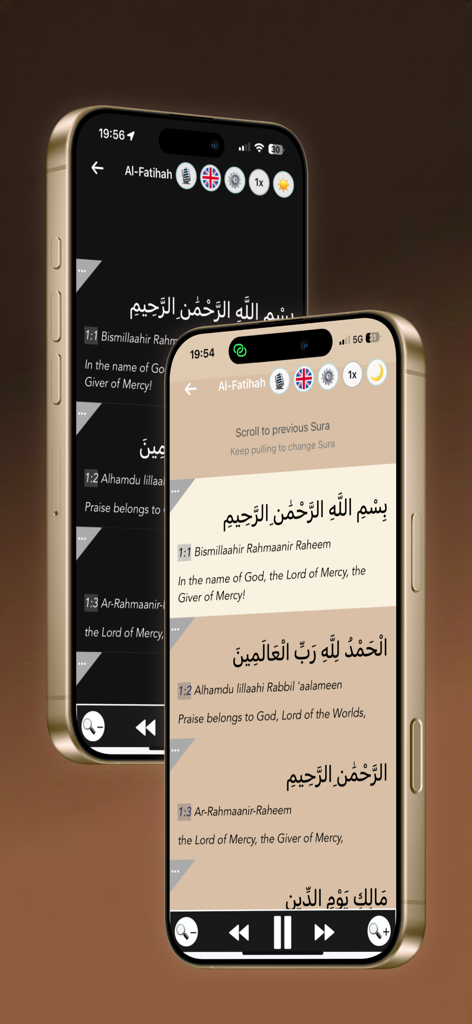 Two iPhones showing the Holy Quran and Tafsir app interface in light and dark modes with Arabic and English verses
