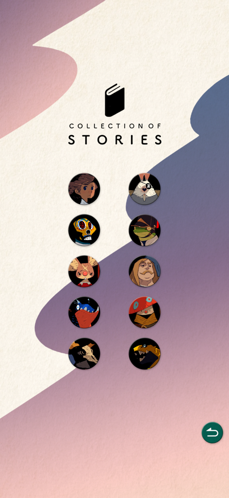 MEMORICA - Collection of Stories menu screen in the MEMORICA mobile game displaying artistic character icons.