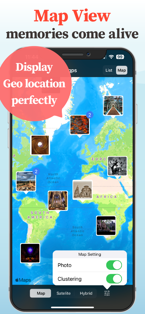 MyPics app interface showing a world map with photos pinned to their specific geographic locations