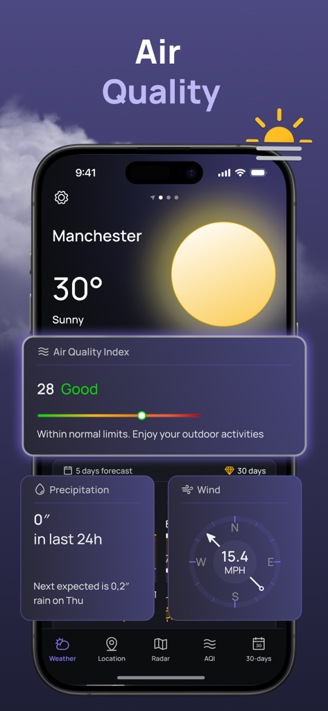 NOAA Weather Radar, Forecast - Interfaz de la aplicación móvil que muestra el índice de calidad del aire, la velocidad del viento y los niveles de precipitación para Manchester