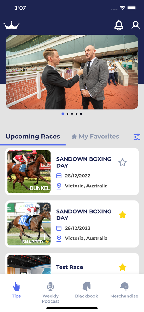 Jig Racing - The Jig Racing mobile app interface showing a list of upcoming horse races with images and betting tips.
