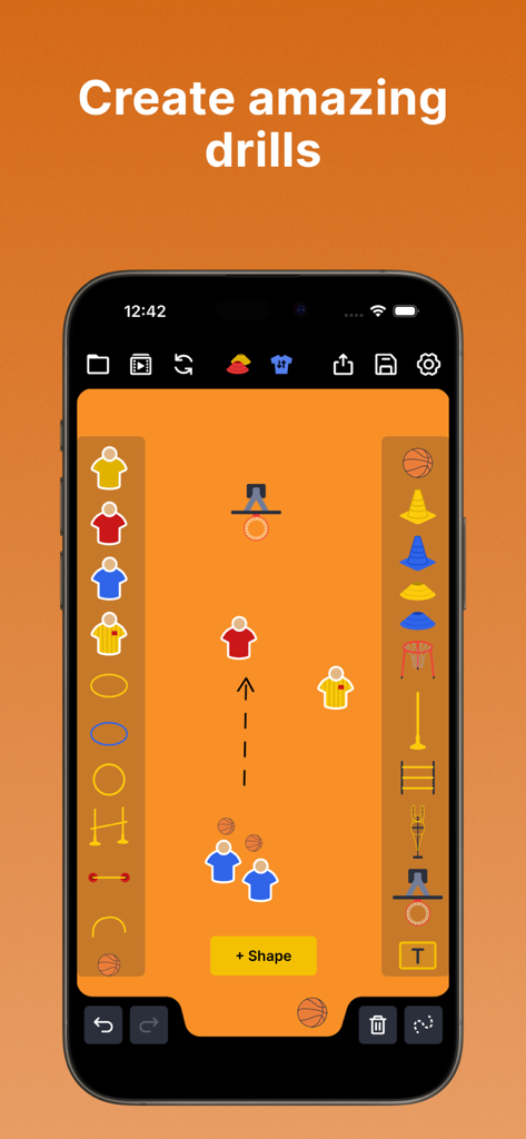Coach Tactic Board: Basket - Digital basketball tactic board interface for creating training drills with player icons and coaching equipment